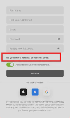 click on the text enclosed in the red box to show the input field to enter the Airalo referral code