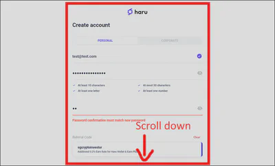 Haru Invest sign up button hidden