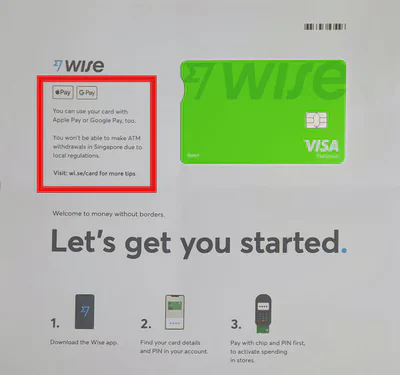 My new Wise card received in August 2022. Notice that the letter says we cannot use it at ATMs in Singapore