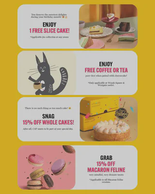 Cat & The Fiddle birthday vouchers for a free cake slice, free coffee or tea, 15% off whole cakes and 15% off Macaron Feline