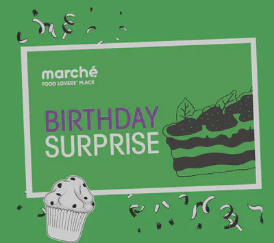 Marché Rewards birthday surprise featuring a cake illustration