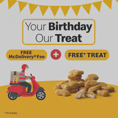 McDonald's birthday deals: free 20-piece Chicken McNuggets and free McDelivery fee, each with a minimum S$12 spend