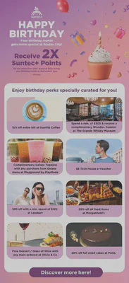 Suntec+ birthday benefits: double points for one transaction with a minimum S$20 spend and selected merchant offers