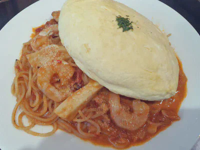 Hoshino Coffee Soufflé omu tomato chilli spaghetti