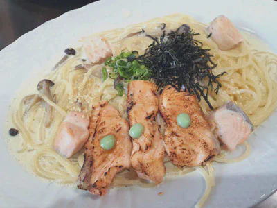 Salmon wasabi cream sauce spaghetti