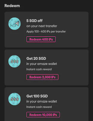 Some of the InstaPoints redemption options within the Instarem mobile app