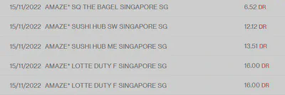 Transactions posted to my Standard Chartered bank credit card. Note the 'amaze' prefix in front. Also, these were overseas transactions but Instarem had converted them to SGD, helping to avoid the bank's overseas transaction charges.