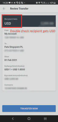 DBS mobile app screenshot: double check recipient gets USD in 'Review Transfer' screen