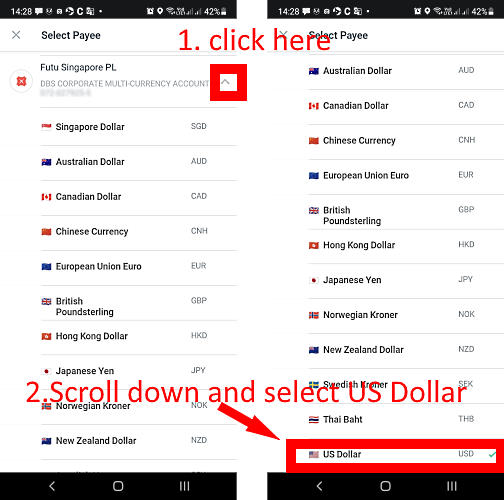 DBS mobile app screenshot: remember to select USD currency in the Payee selection screen