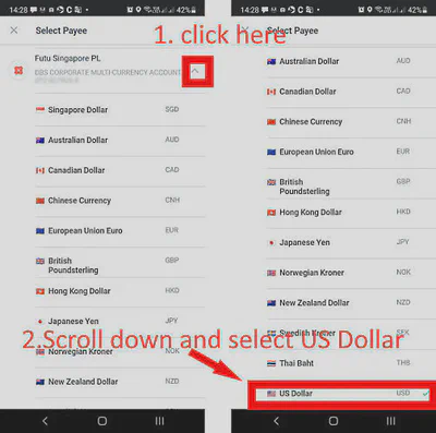 DBS mobile app screenshot: remember to select USD currency in the Payee selection screen