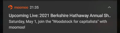 app notification about upcoming Berkshire Hathaway Annual Shareholders Meeting