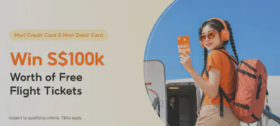 Mari Credit Card 与 Mari Debit Card 机票抽奖宣传图:奖品总值 S$100,000,须符合活动条件